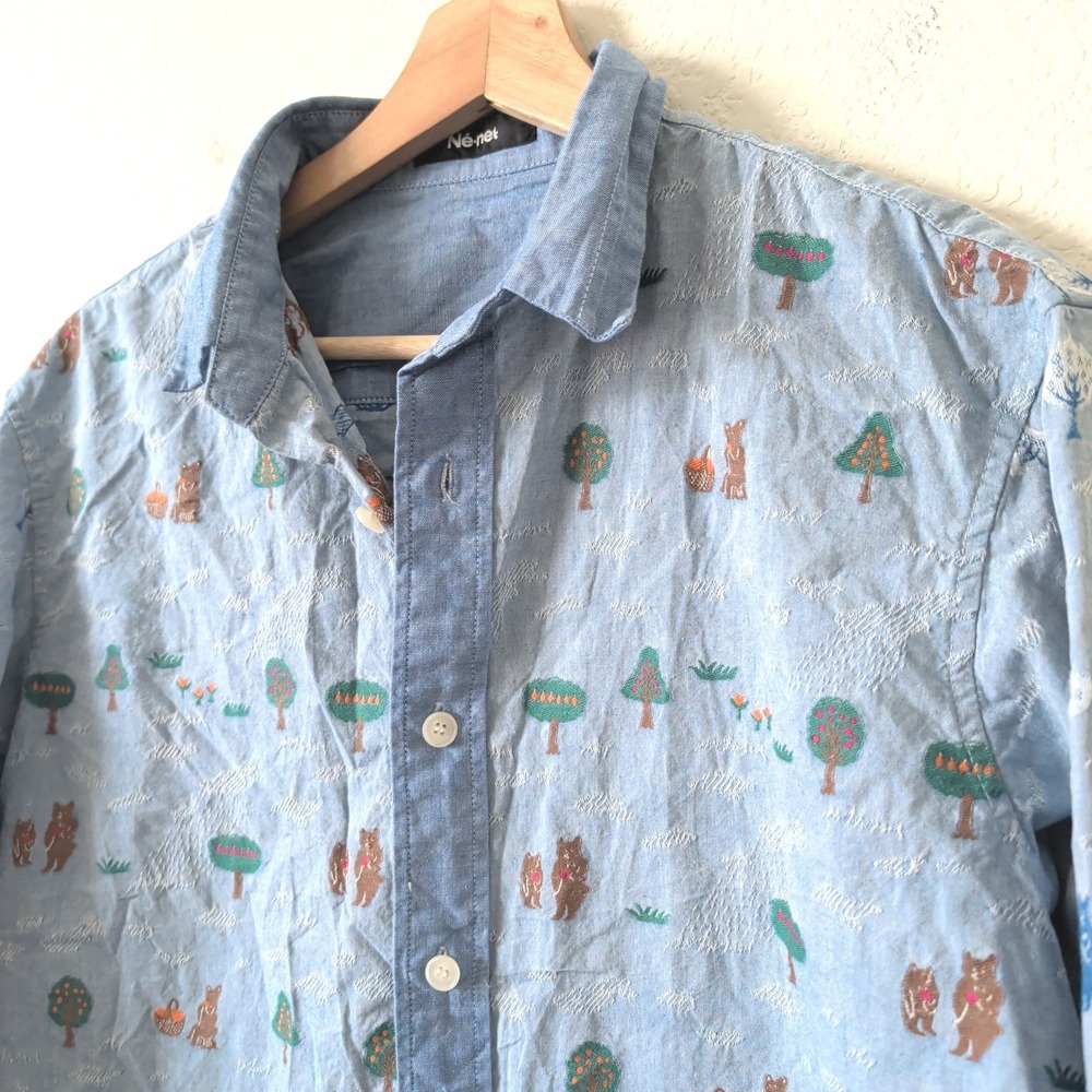 Ne-net Forest Bear Issey Miyake Button Down Shirt Blue Cotton Japanese Size 3 M